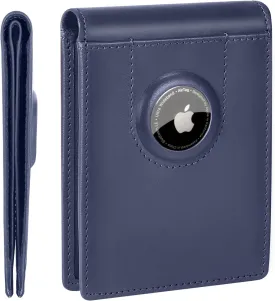 ALLIVE Airtag wallet for men - Genuine Leather Mens Wallet RFID Blocking Slim Billfold with Built-in AirTag Holder, 8 Card Slots, Minimalist Front Pocket Wallet with Gift Box (Chelsea Blue)