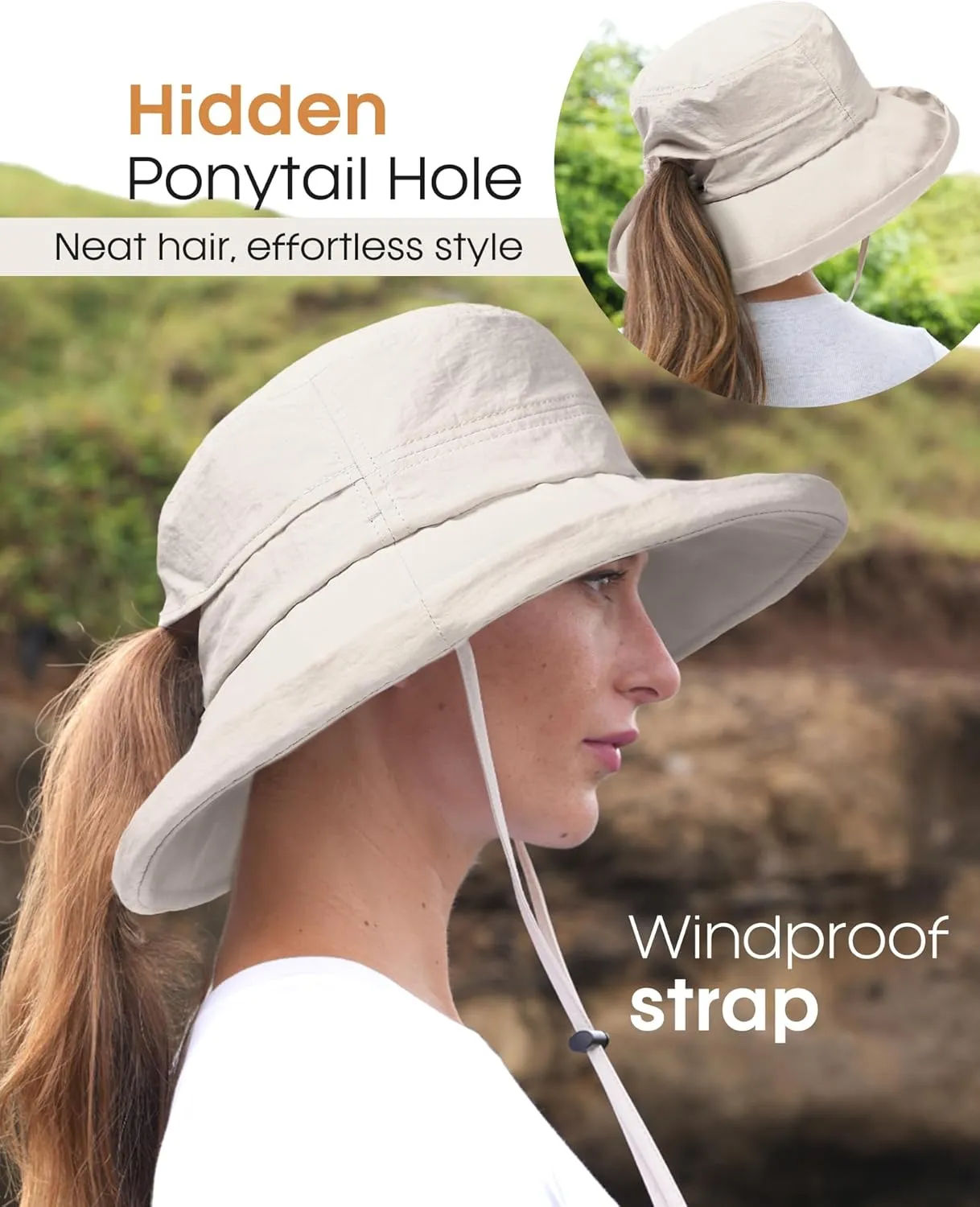 FURTALK Sun Hat for Women UPF 80  Wide Brim, Packable Bucket Hat with Ponytail Hole for Hiking Travel Outdoor