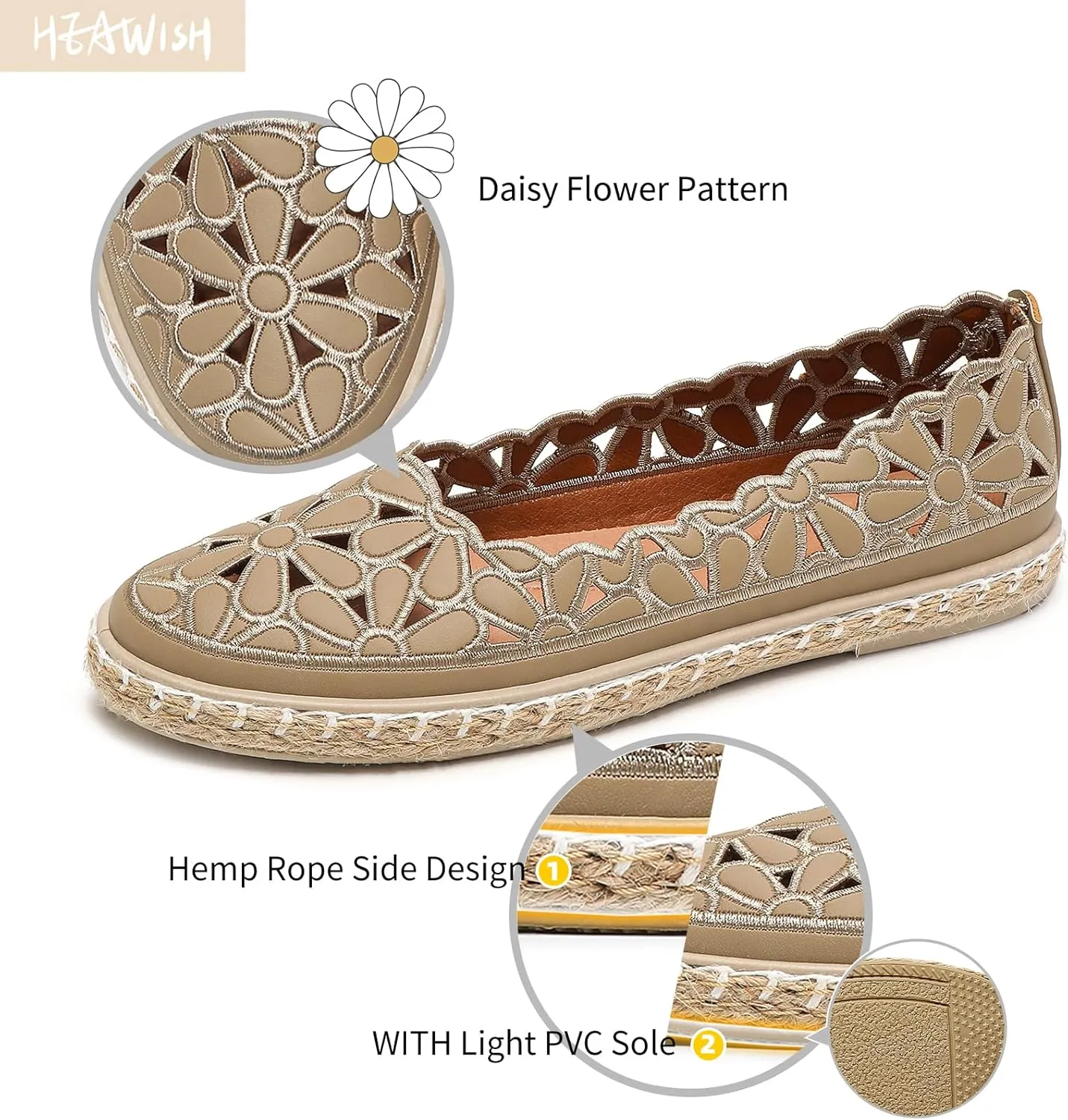 HEAWISH Women??s Ballet Flat Daisy Round Toe Dress Shoes Casual Slip On Rope Loafer