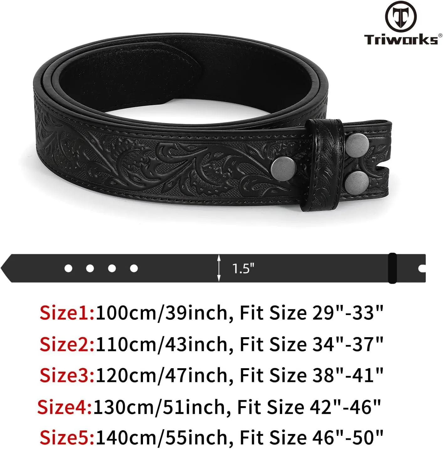 Western Belt Strap for Men without Buckle 1.5" Wide Floral Engraved Embossed Leather Belt Strap